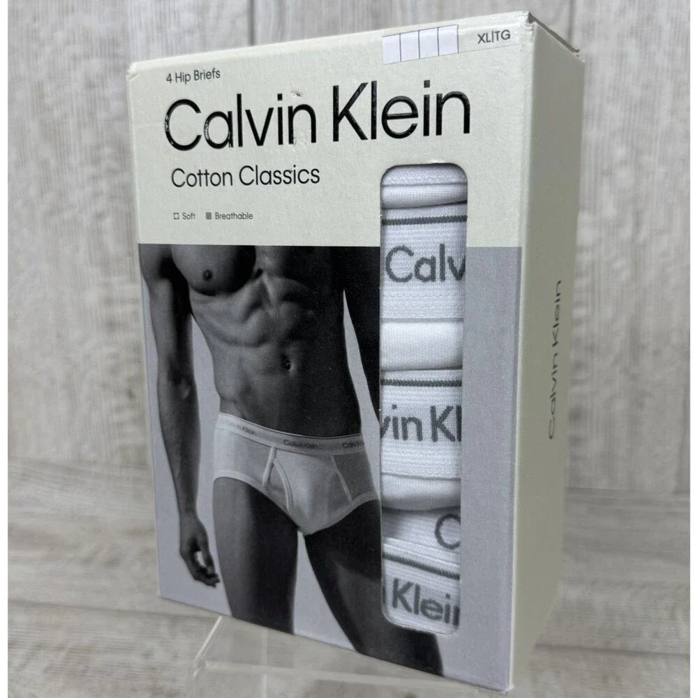 Calvin Klein Mens XL White Cotton Classics Hip Briefs Underwear 4-Pack Soft NEW